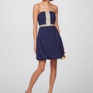 Lilly Pulitzer Blue Gold Strapless Lace Regency Bubble Hem Dress Sz 0 Fit Flare